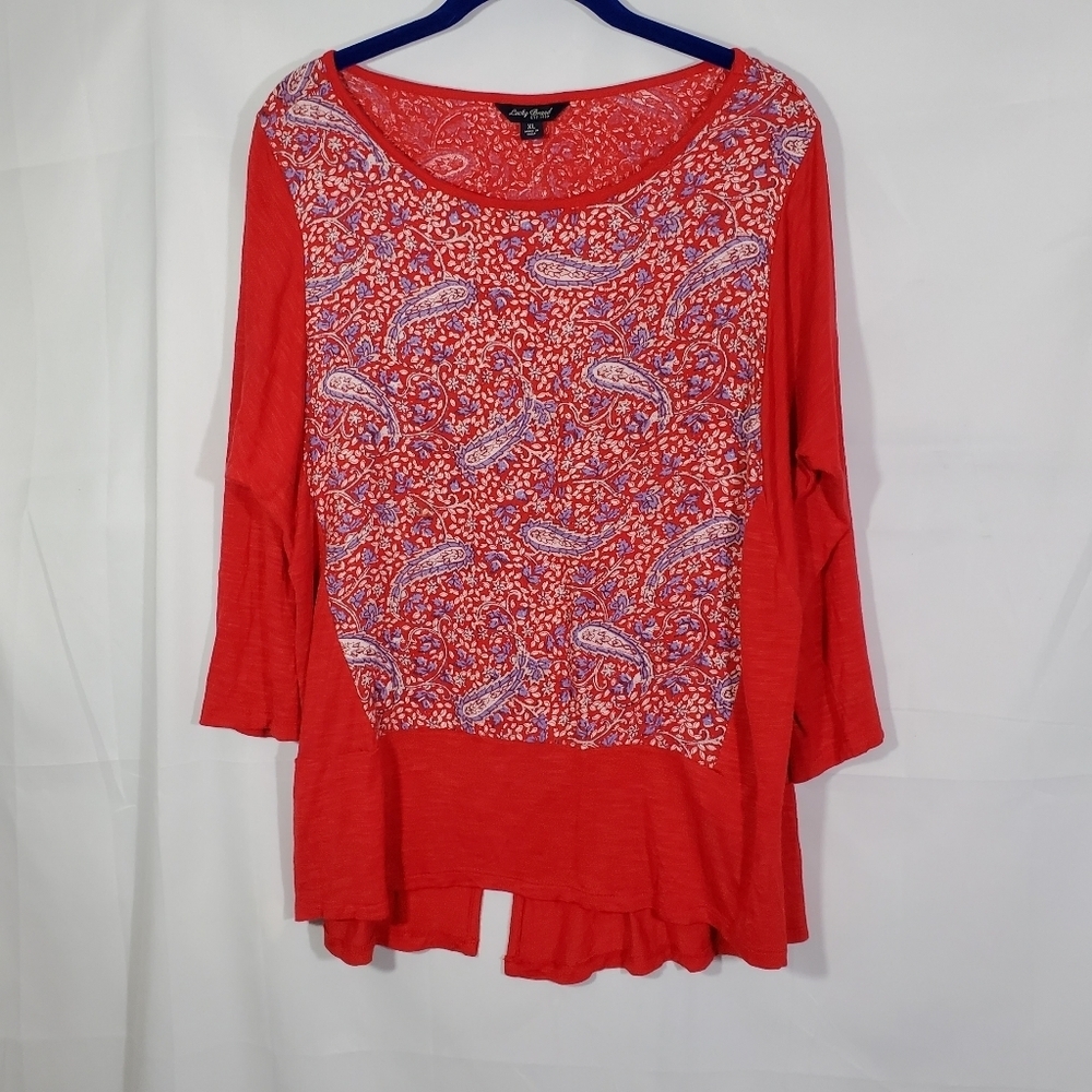 Lucky Brand Red Paisley Split Back Blouse Top Blouse Shirt XL